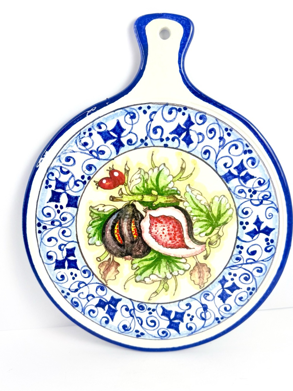 Vintage Italy Ceramica Cuore Trivet w/ Hand Painted Pomegranates, Blue And White